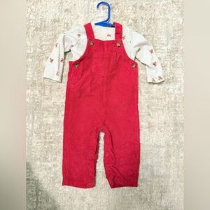 Carter's Red Corduroy Kids Overalls Teddy Matching Holiday Set size 12months